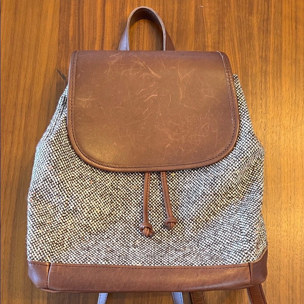 LL Bean Brown Leather & Tweed Backpack Purse